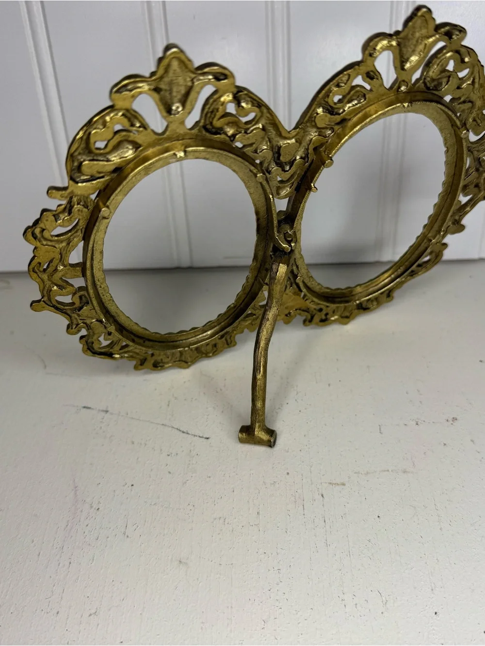 Antique Brass Tone Double Oval Frame with Stand, Vintage Art Nouveau Ornate Fram